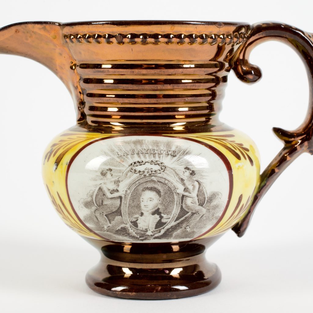 pottery 37085 square copper lustre pitcher with transfer-printed image of lafayette english made for the american market
