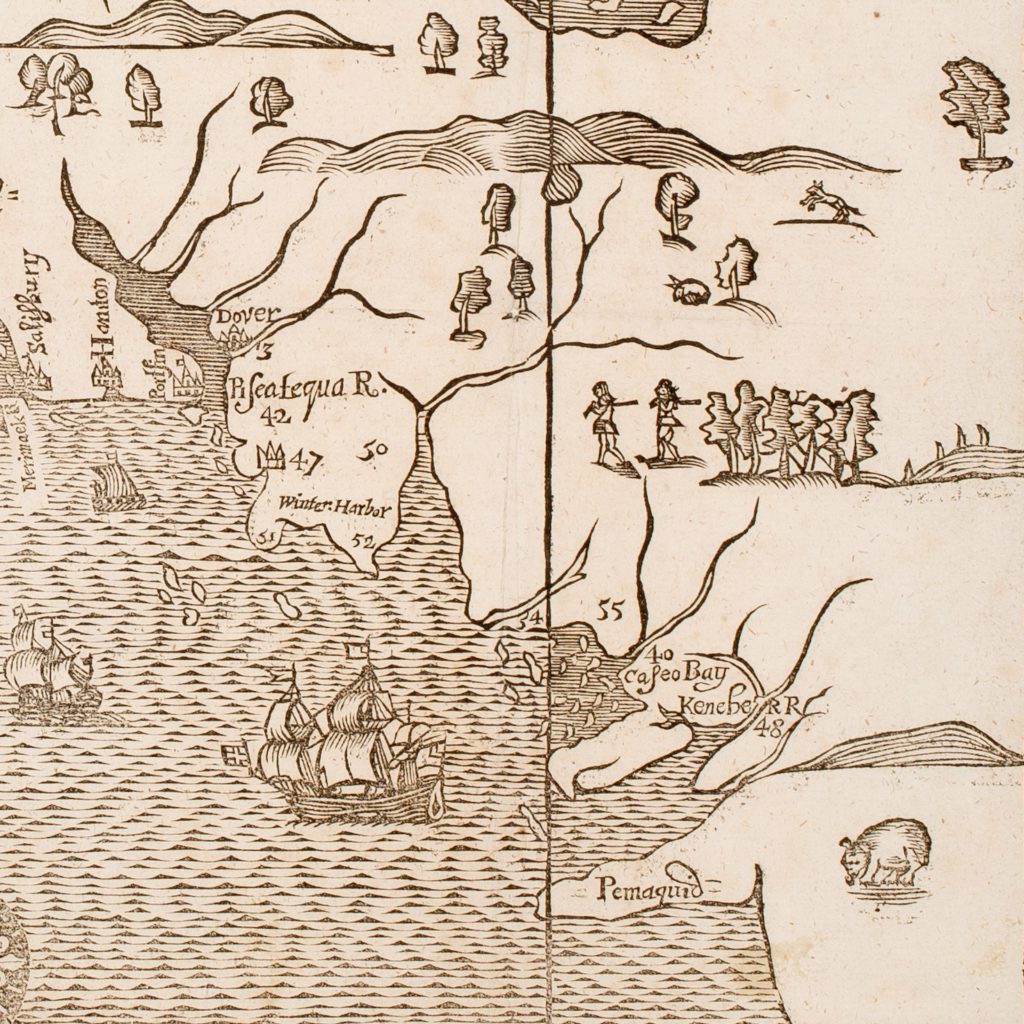 Detail showing parts of contemporary Maine, from “A Map of New-England.” Boston: John Foster, 1677.
