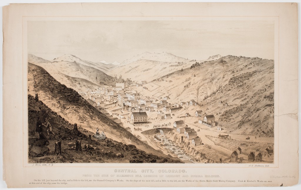 An image of Central City, the "city" closest to Nancie and where they would take shopping trips. From "Pencil Sketches of Colorado" by A. E. Mathews, with lithography by Julius Bien. New York, 1866.