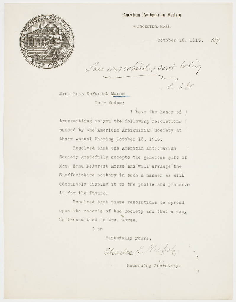 A copy of the letter recording the Council resolution to accept the gift, addressed to Mrs. Emma Deforest Morse.
