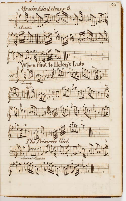 Manuscript Music Book Belonging to Mrs. Eliza Everett. This page comes from a calf-bound octavo volume inscribed "Presented to Mrs Eliza Everett Boston Janry 17th 1811" and "Samuel W. Everett. Jany. 24th 1838." The volume contains manuscript copies of 130 English, Scottish, and Irish jigs, reels, and music associated with the theater from the late eighteenth and early nineteenth centuries.