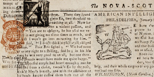 Detail of Isaiah's devil woodcut and stamp from The Halifax Gazette. February 6 to 13, 1766.