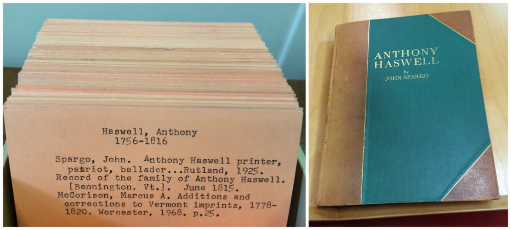 The Printers' File source card for Haswell and the biography by Spargo.