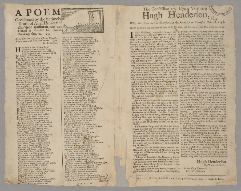This broadside covering the hanging of Hugh Henderson in Boston in November 1737 is one item representing the news milieu of Boston in that year.