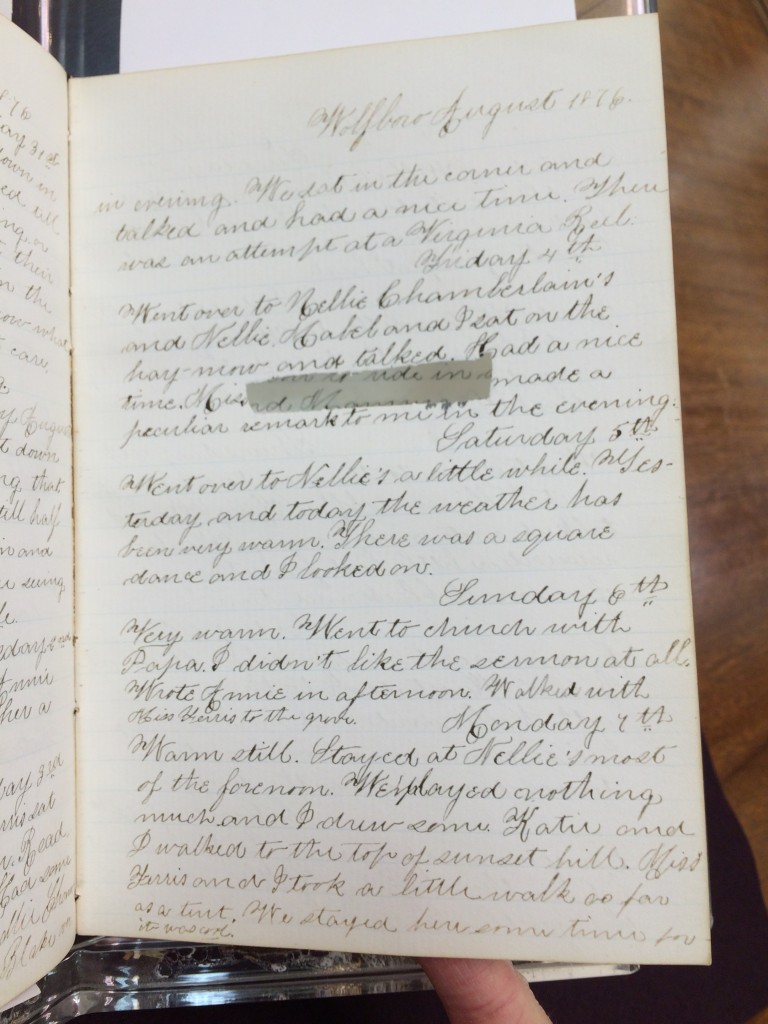 An entry from the summer of 1876 with a friend's name redacted.