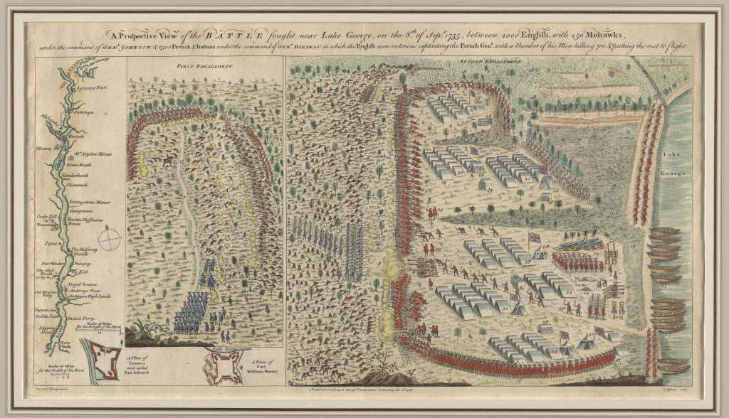 Samuel Blodget (1724-1807) A Prospective View of the Battle Fought near Lake George. London, 1756. Engraving, hand colored, 10.5 x 20.5 inches. Courtesy of Richard H. Brown.