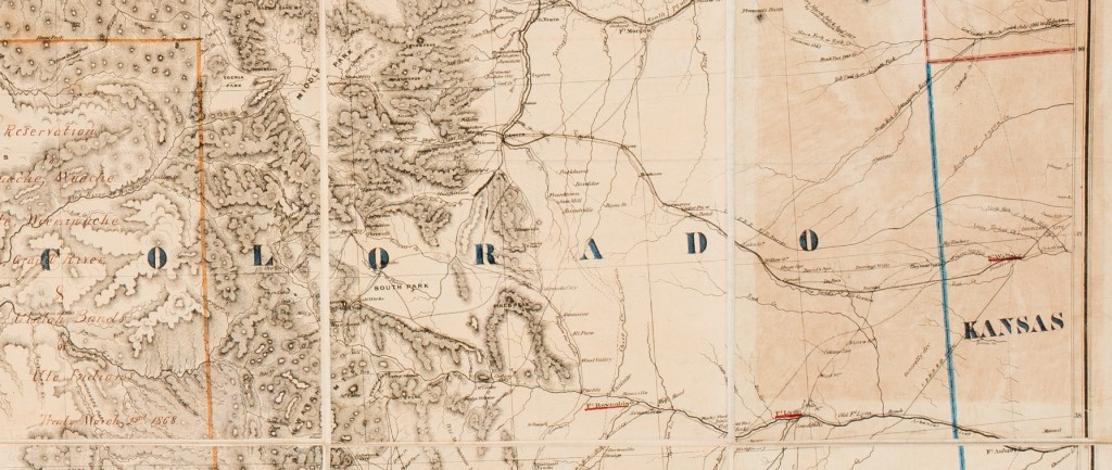 Detail of "Map of Utah and Colorado" showing Pike's Peak, the horseshoe-shaped mountain below the "R" in Colorado.