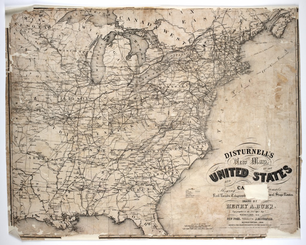 This 1856 map shows canal, steamboat, stage, telegraph, and railroad routes.