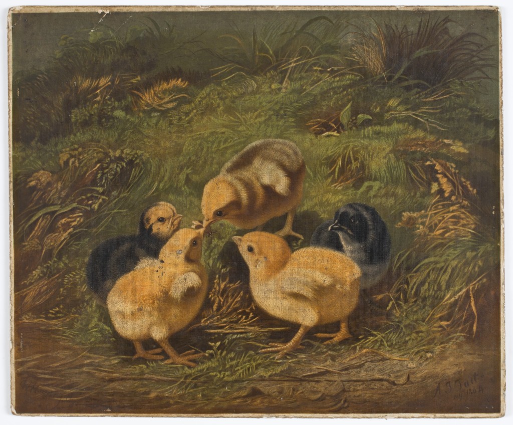 “Chickens I” after Arthur F. Tait, 1866. After being unsuccessful with his first two sets of landscape chromos, Prang published this charming scene of baby chicks by Arthur F. Tait in 1866, which proved to be a big seller. Prang would continue to successfully sell animal-themed prints after Tait for the next two decades.