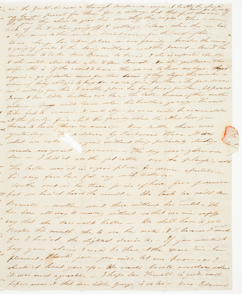 Detail of letter from Prudence Ward to Caroline Ward Sewall, October 8 1840