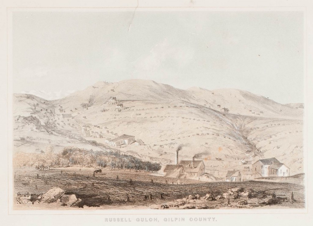 An image of Russell's Gulch, the mining village where Nancie and her husband lived. From "Pencil Sketches of Colorado" by A. E. Mathews, with lithography by Julius Bien. New York, 1866.