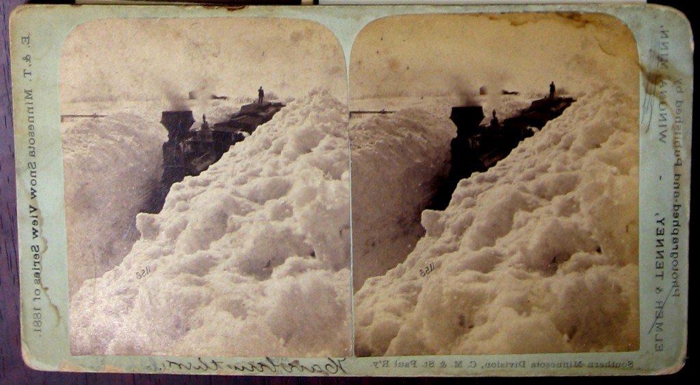 Locomotive in a drift, March 29, 1881, stereophotograph. Winona, Minnesota: Elmer & Tenney. The upper Mid-West trumps New England when it comes to snow fall totals, but western-themed stereocards such as this one were very popular in New England homes. Schadenfreude, perhaps?