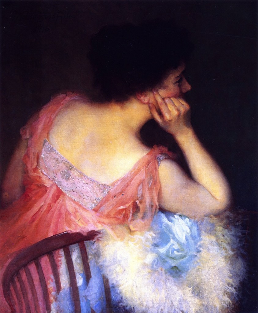 "Portrait of a Woman in a Pink Dress." Painted by Marion ("Minnie") Boyd Allen in 1916. Image from Wikimedia Commons.