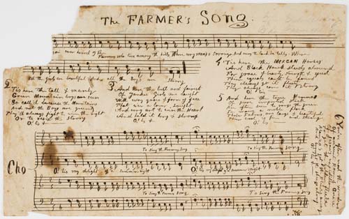 The Farmer's Song. This single sheet from around 1835 includes music and lyrics for six verses of "The Farmer's Song" in four-part harmony. Inscriptions on the verso of the leaf read, "Betsy A. Stickney, George Stickney" and "West Drummerson, Vermont."