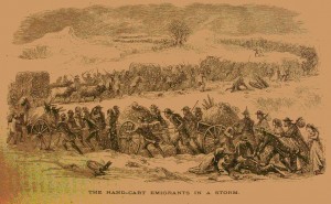 Emigrants trudged through the early snowstorms in Wyoming, October, 1856.  Wood engraving from T. Stenhouse, The Rocky Mountain Saints, 1873. 