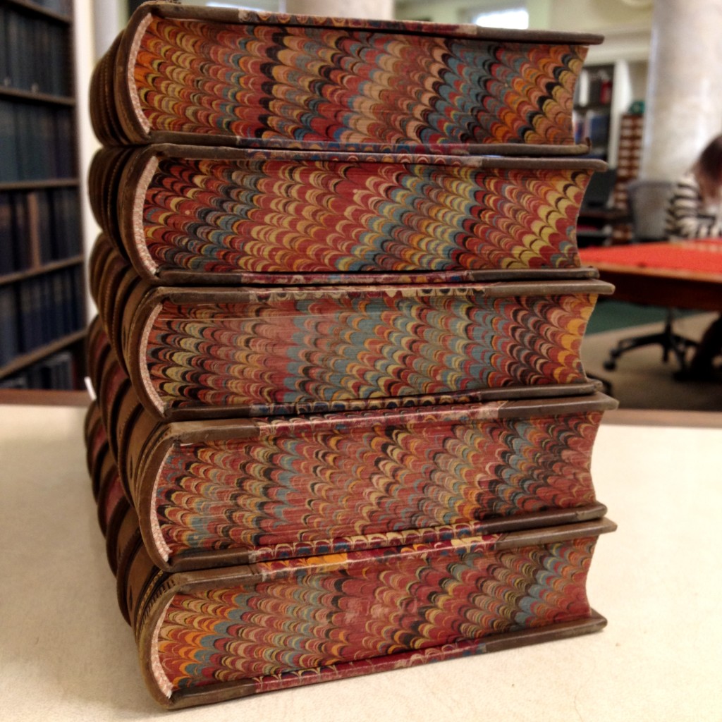 Washington Irving, 1783-1859. Life of George Washington. New York: G.P. Putnam, 1859. This multivolume set has colorful marbled edges done with a wide-comb pattern.