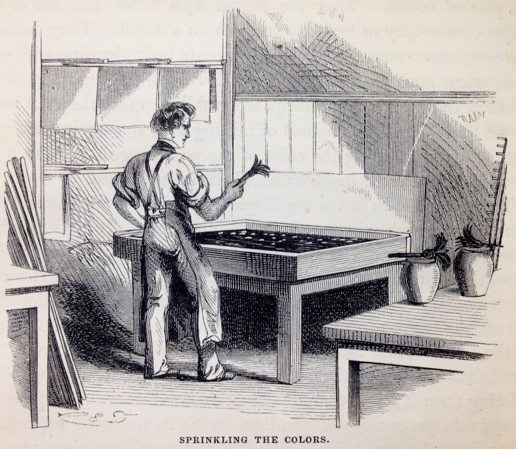 Jacob Abbott, 1803-1879. The Harper Establishment; or, How the Story Books Are Made. New York: Harper & Brothers, 1855. In this engraving, a marbler sprinkles pigments onto his water bath.