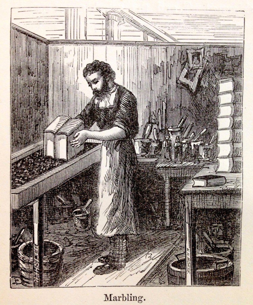 Emily C. Pearson, 1818-1900. Gutenberg, and the Art of Printing. Boston: Noyes, Holmes, 1871. The engraving here depicts the process of marbling book edges.