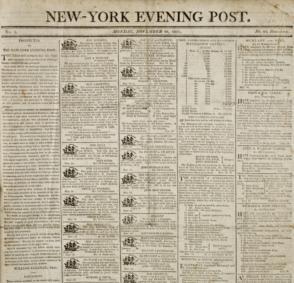 newspaper 1014 new york evening post november 16 1801