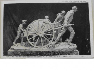 Postcard showing the memorial sculpture to the Pioneers by Torlief Knaphus located in Temple Square, Salt Lake City, Utah. 