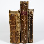 The re-stitched bindings of Perry’s Royal Standard English Dictionary (Worcester, Mass., 1788), Radcliffe’s Romance of the Forest (Philadelphia, 1803), and Russel’s Seven Sermons (Boston, 1715).
